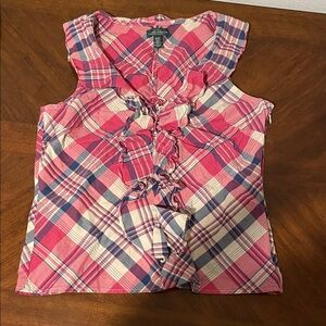LRL-Lauren Jean co-Plaid Sleeveless  Top -side zipper with tie and ruffle